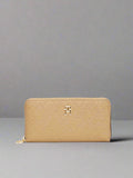 Beige wallet with a gold zipper and logo on a white background